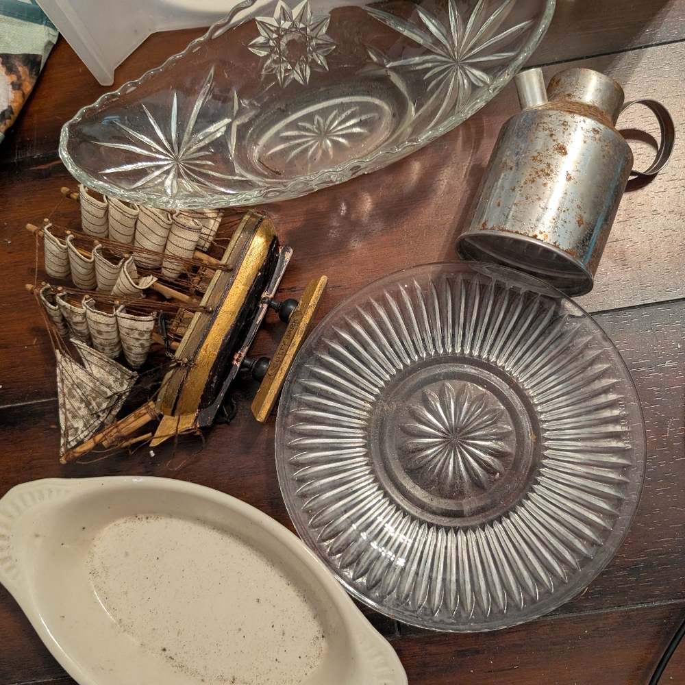 Random Storage Locker Lot Vintage Glassware and Metal Pitcher